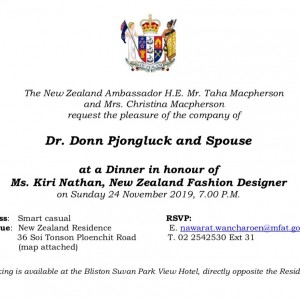 Dr. Donn Invited To Dinner In Honour Of Kiri Nathan, NZ Fashion Desinger At NZ Residence, Bangkok